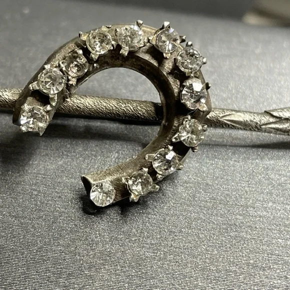 Silver Branch Lucky Horseshoe Antique Brooch White Rhinestones 800 Silver - Picture 4 of 12